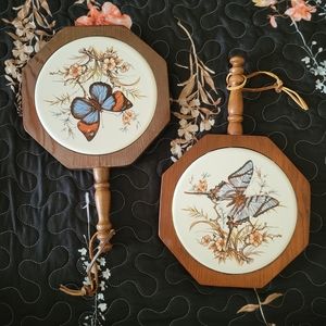 Vintage 70s 80s Wood and Tile Butterfly Trivets, Set of 2